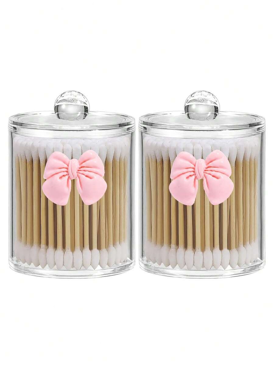 1/2/4pcs Cute Bathroom Storage Containers With Lids, PS Canister Set With Custom Pink Bow Design, Vanity Organizer For Cleaning Pads, Swabs, Floss Picks & Cleaning Balls