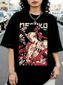 Oversized Black T-Shirt With N-NezukoS D-DemonSS S-SlayerS (Anime) Design - Hitam - View 1