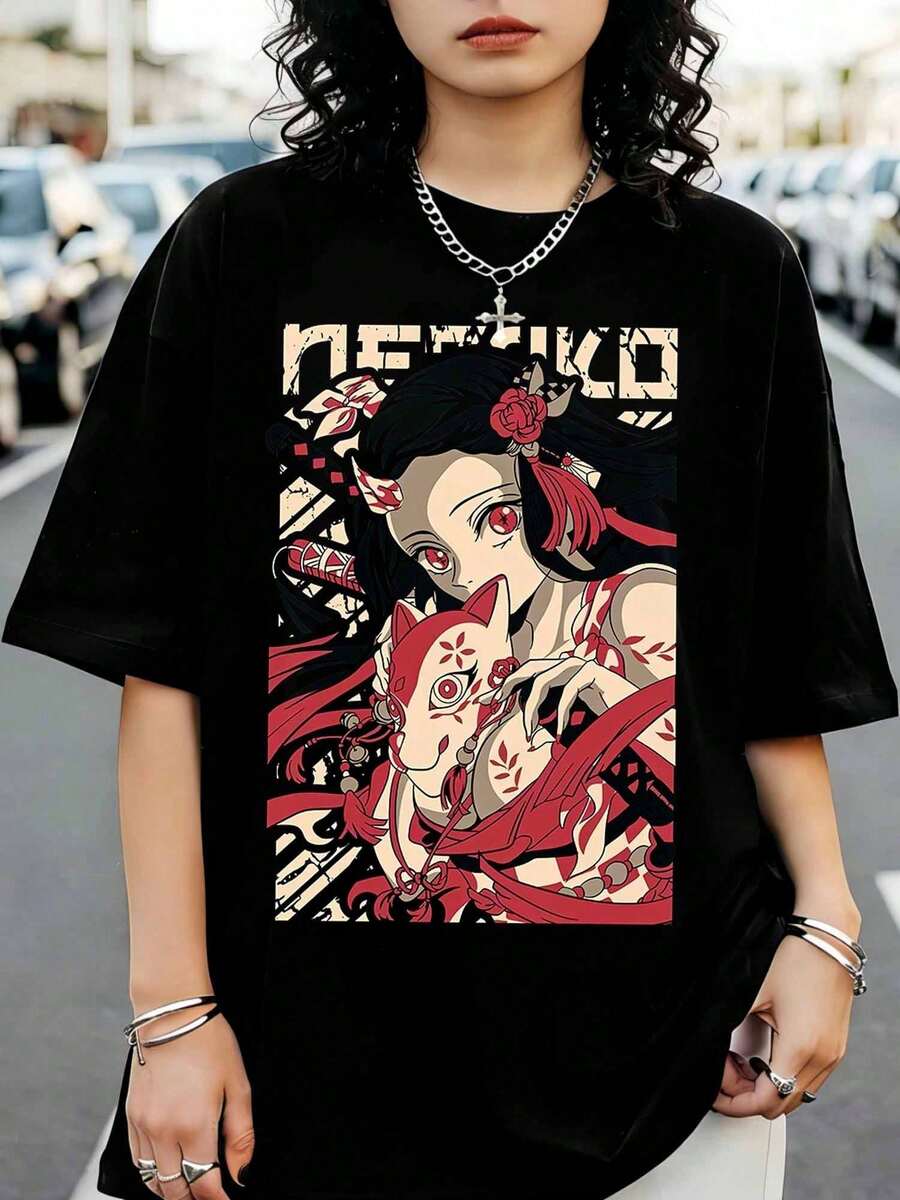 Oversized Black T-Shirt With N-NezukoS D-DemonSS S-SlayerS (Anime) Design - Hitam - View 1