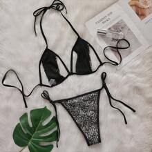 2026 New Sexy Two-Piece Sequin Bikini For Women With Straps And Hollow Design Beach Swimsuit - Black - View 5