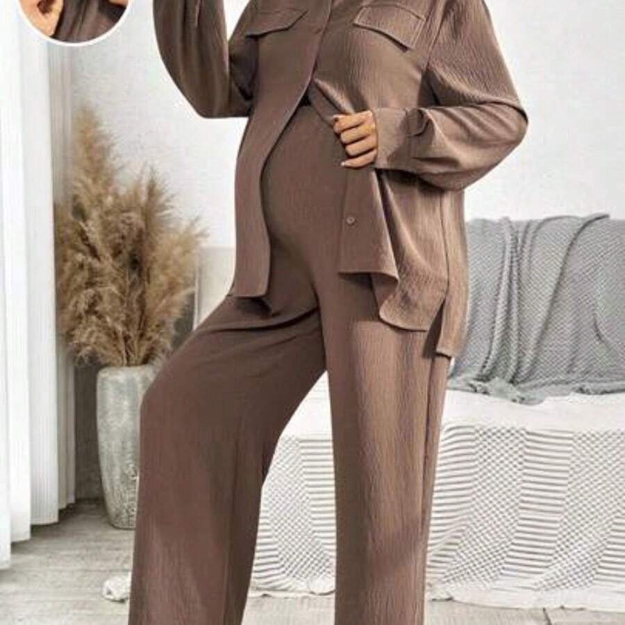 2 piezas Conjunto de maternidad: Camisa de manga larga con botones de unicolor y pantalones con cintura ajustable, informal - Marrón - Ver 1