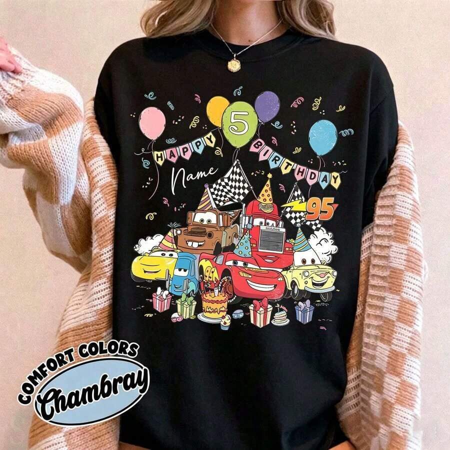 Loose Oversize  Personalized Cars Birthday Shirt, Lightning Mcqueen Tee, Custom Name Age Disney  Cars Shirt, Birthday Boy Outfit, Family Trip Tee - màu đen - Xem 1