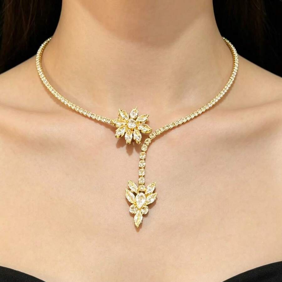 1 pieza Collar gargantilla ajustable con flor de circonita para mujeres - Dorado - Ver 1