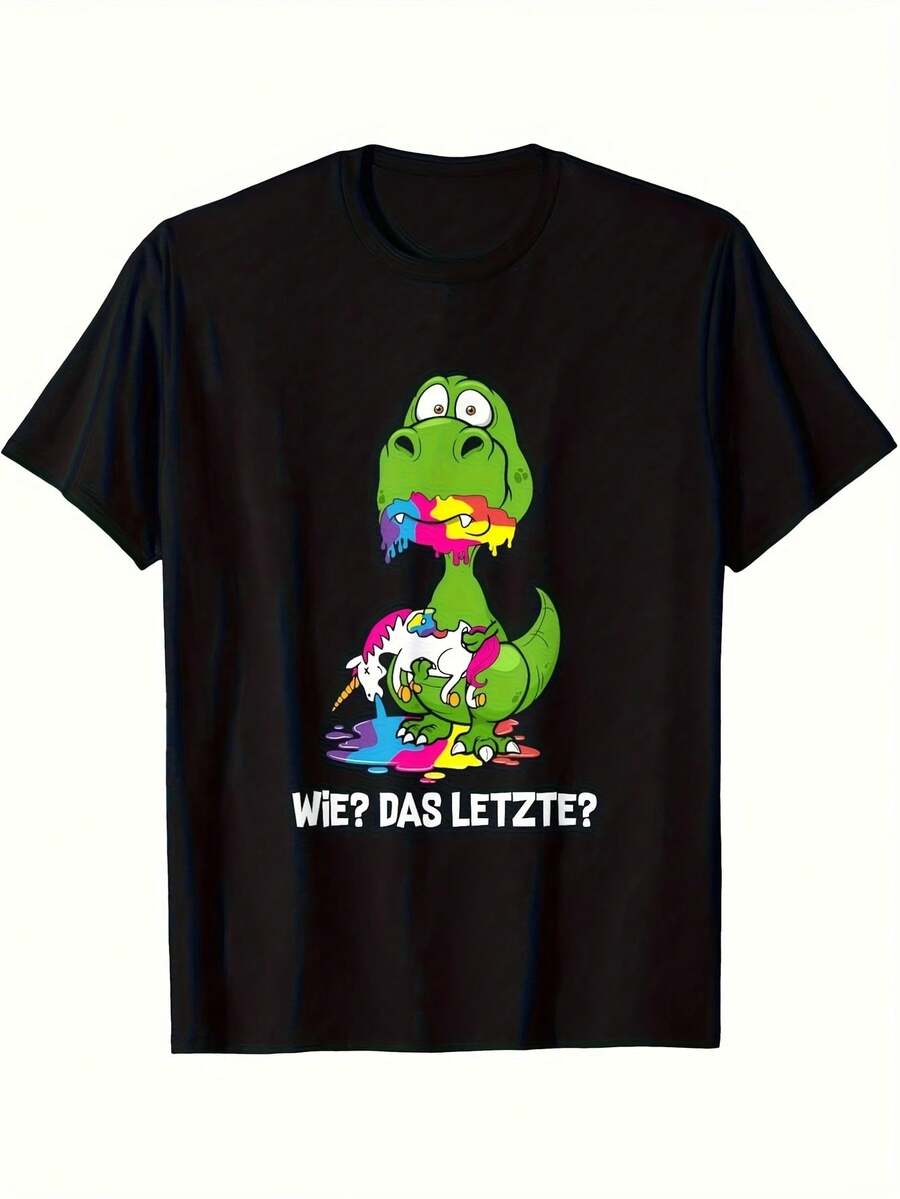 Lustiges Drachen-T-Shirt "Der letzte Drache isst ein Einhorn" | Vintage Herren-Freizeit-T-Shirt, Rundhalsausschnitt, locker geschnitten, kurze Ärmel, geometrisches Muster, perfekt für alle Jahreszeiten, Übergröße - Schwarz - Übersicht 1