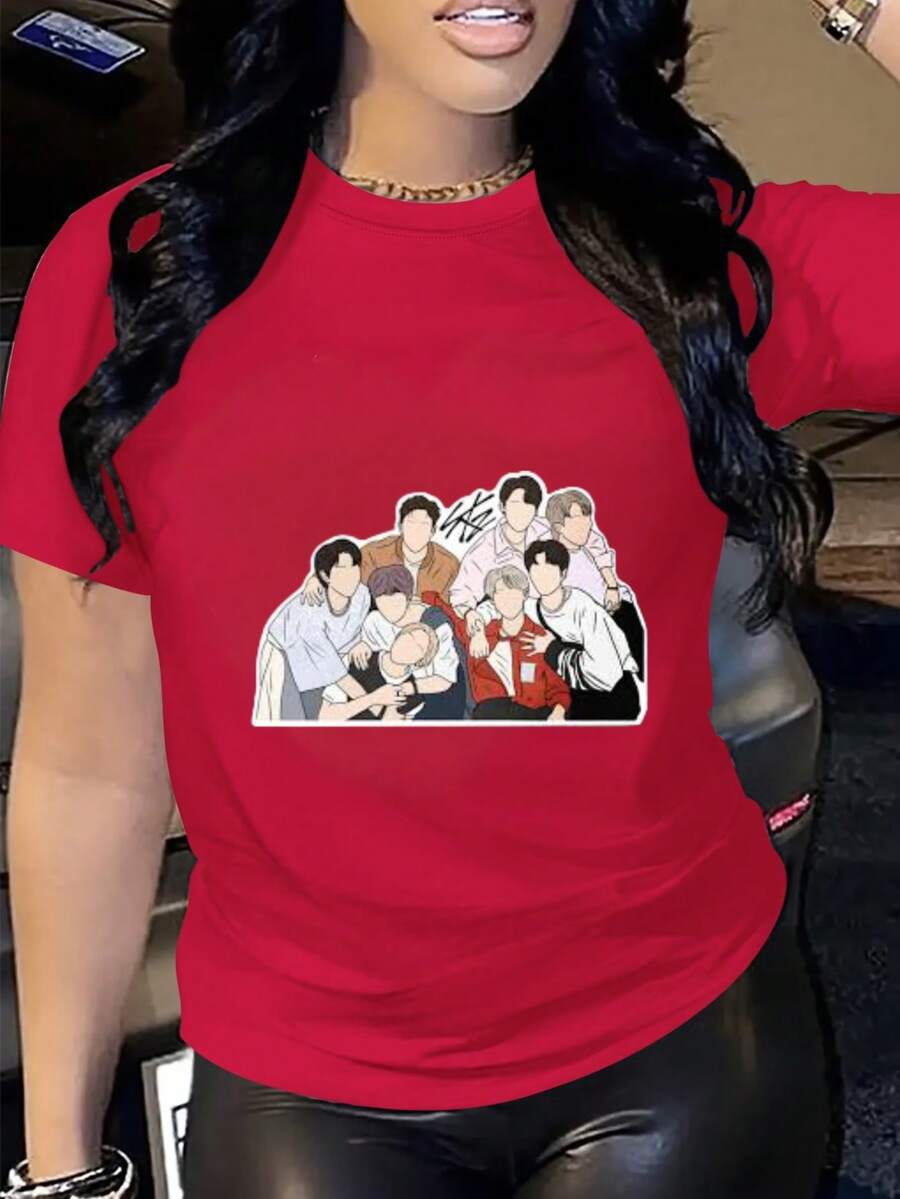 Group Portrait Design In Cartoon Style. Digital Print. Short Sleeves. Unisex. Pure Cotton. Loose And Comfortable. - Red - View 1