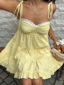 xheSunnyshic Vestido de mujer retro francés de cuadros rojos con tirantes finos, nuevo diseño de primavera temprana con encaje, favorecedora, versátil, dulce y elegante con capasxhe - Amarillo - Ver 5