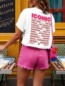 Women's Summer T-Shirt, New Casual Collection. 1 Piece. 100% Cotton, With Round Neck And Short Sleeves, With Casual Slogan Print For Women, White, - 白色 - 查看 3