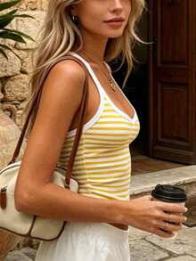 Women Striped Print Tank Tops Halter Neck Sleeveless Open Back Summer Slim Fit Vest - Yellow - View 5