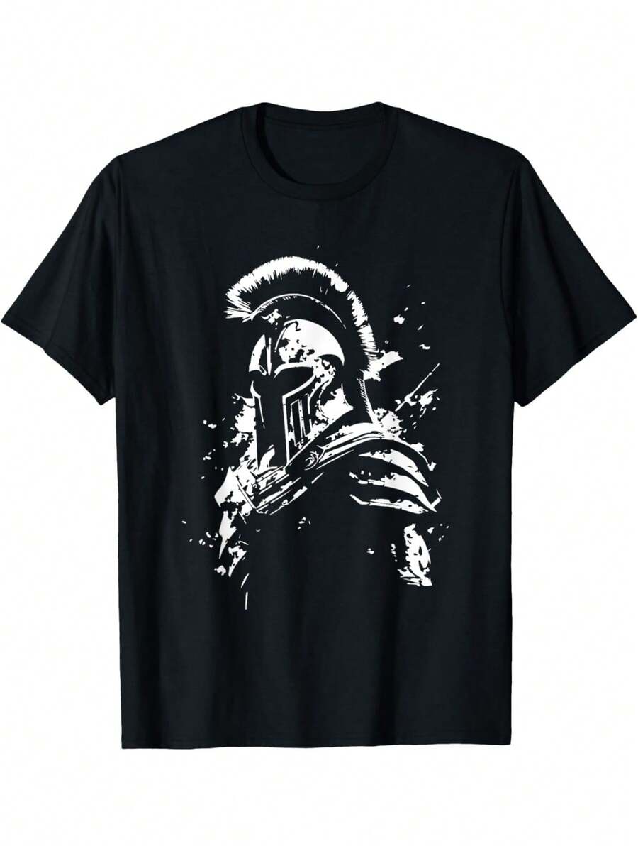 Camiseta Estampada de Leonidas, Camiseta de Algodón Negra con Diseño de Casco Espartano, Estilo Guerrero Griego para Hombre, Camiseta Deportiva de Moda, 220g - Negro - Ver 1