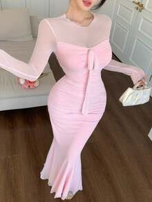 Vestido de verano de malla transparente rosa con diseño 2 en 1, con lazo en la cintura, elegante para el Día de San Valentín, boda, fiesta, ocasión formal, moda, ajuste ceñido, longitud midi, manga larga para mujer - Rosa - Ver 4