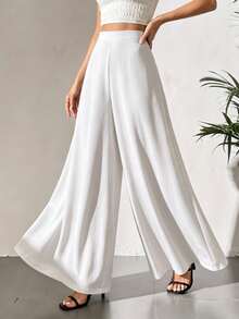 Women High Waisted Wide Leg Palazzo Pants Dressy Casual Chiffon Slacks Comfy Elastic Waist Work Lounge Trousers Loose Flowy Drape Culottes - White - View 4