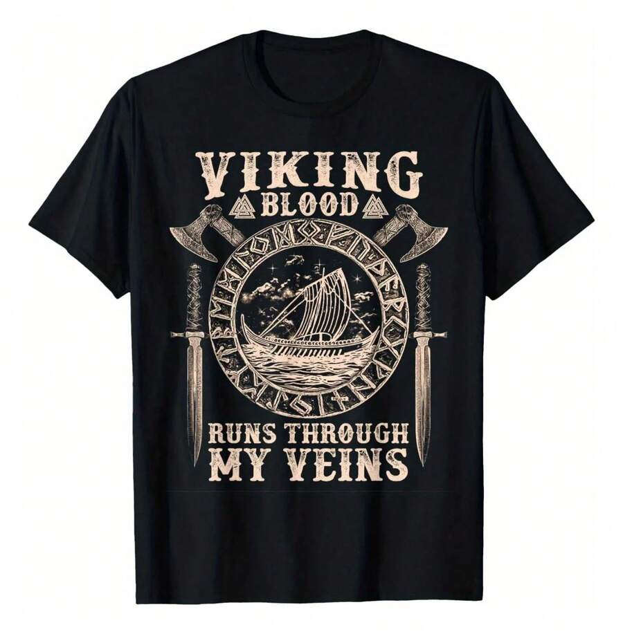 Camiseta con estampado vikingo: El sangre me corre por las venas Pa - Negro - Ver 1