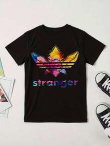 Short-Sleeved T-Shirt For Boys With Summer Fantasy Print, Vibrant Flowers And 3D "STRANGER" Lettering In Rainbow, Fashionable Children's Clothing. - 黑色 - 查看 6