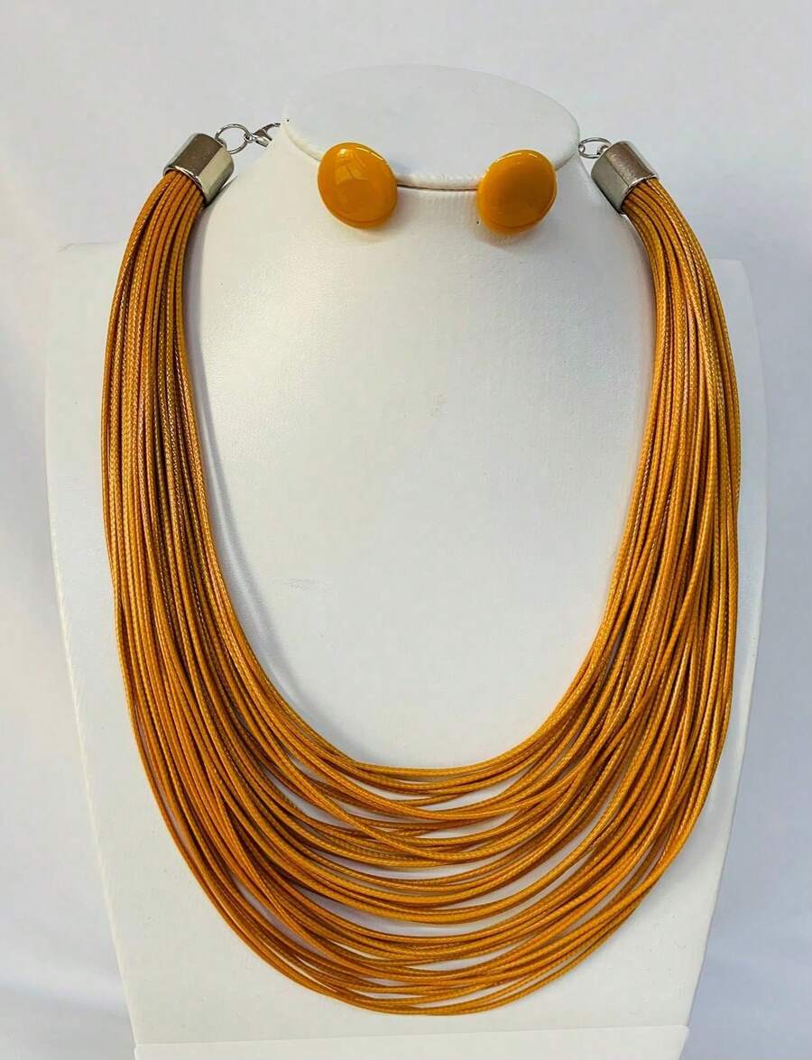 Maxi Waxed Multi-Strand Necklace Set With Button Earrings - MOSTAZA - Ver 1