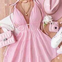 Everyssa Vestido de mujer de unicolor con cuello en V, tirantes con lazo, sin mangas y con volantes en el bajo - Rosa - Ver 1