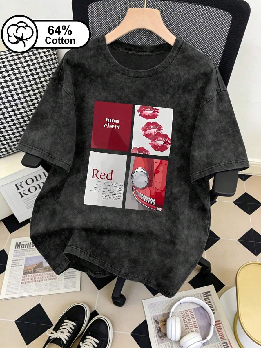 大码女式休闲日常款,四格酒红色 Mon Chéri 印花,复古水洗短袖T恤,Y2K 甜美清爽女式夏季上衣,黑色 - 黑色 - 查看 1