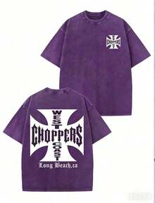 WEST COAST CHOPPERS Men's Retro Streetwear T-Shirt - 230g Washed Cotton, Double-Sided Print, Loose-Fitting Drop-Shoulder Short-Sleeved T-Shirt With A California Long Beach Graphic.Perfect For Casual Summer Wear And As A Gift.High-Quality Fabric, Versatile Printed T-Shirt. - 紫色 - 查看 1