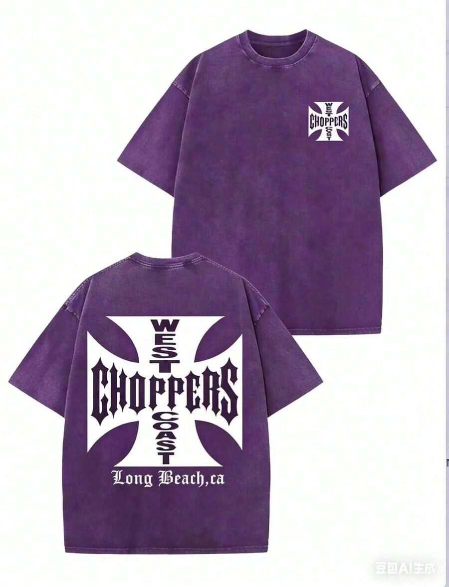 WEST COAST CHOPPERS Men's Retro Streetwear T-Shirt - 230g Washed Cotton, Double-Sided Print, Loose-Fitting Drop-Shoulder Short-Sleeved T-Shirt With A California Long Beach Graphic.Perfect For Casual Summer Wear And As A Gift.High-Quality Fabric, Versatile Printed T-Shirt. - 紫色 - 查看 1