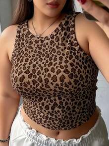 Plus Size Women's Sleeveless Casual Leopard Print Fitted Cropped Top, Summer - Khaki - View 8