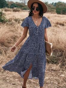 Vestido largo de mujer de línea A con estampado total y bajo dividido - Azul marino - Ver 1