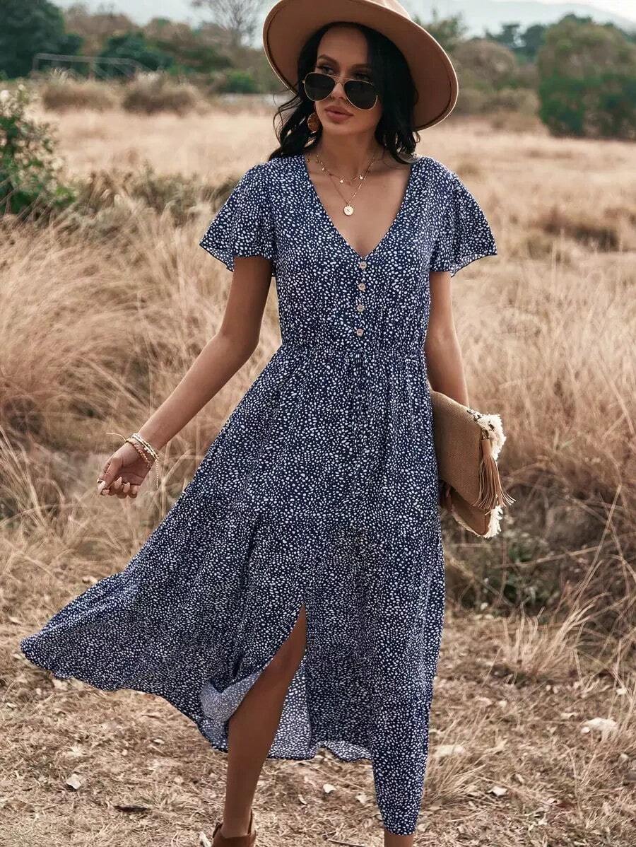 Vestido largo de mujer de línea A con estampado total y bajo dividido - Azul marino - Ver 1