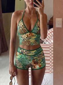 Swim Mod 2026 Conjunto de bikini de 3 piezas de verano con tirantes finos, taza triangular de contraste azul y albaricoque, pantalones cortos de cintura alta, conjunto de bikini de 3 piezas azul marino, conjunto de 2 piezas azul marino, bikini deportivo azul marino - Multicolor - Ver 3