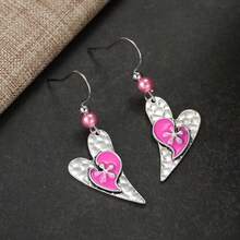 Cute Retro Floral Dual-Tone Heart Pendant Earrings, Handmade Delicate Women's Jewelry, Suitable For Travel And Vacation Outfits, Gift For Best Friends - Silver - View 5