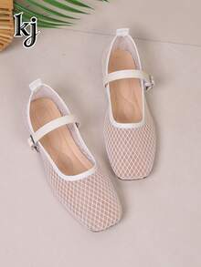 Women's Flat Shoes, Breathable Non-Slip Soft-Sole Mesh Hollow-Out Solid Color Square Toe Mary Jane Shoes, Suitable For Work, White, Ballet Flats - White - View 9