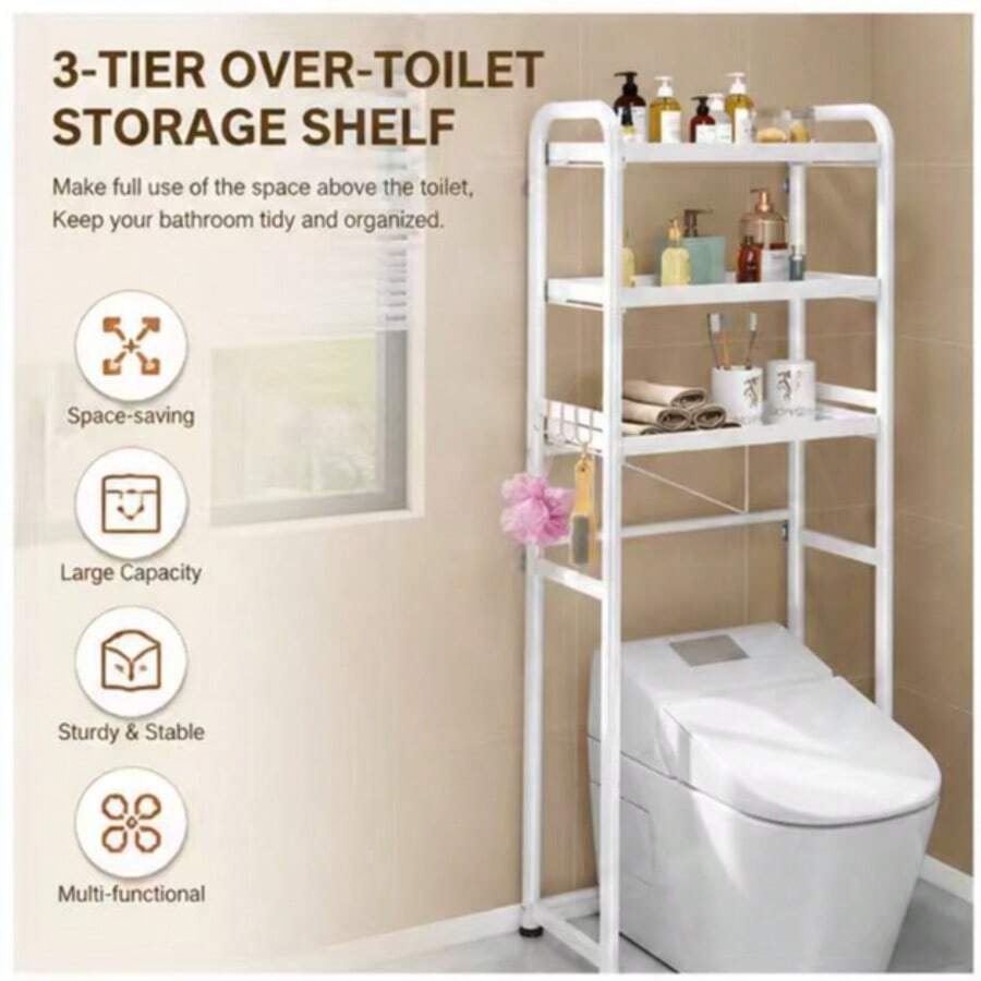 3-Tier Over The Toilet Storage Shelf, Black Freestanding Bathroom Organizer Rack, Space-Saving Toilet Caddy For Towels And Toiletries - White - View 1