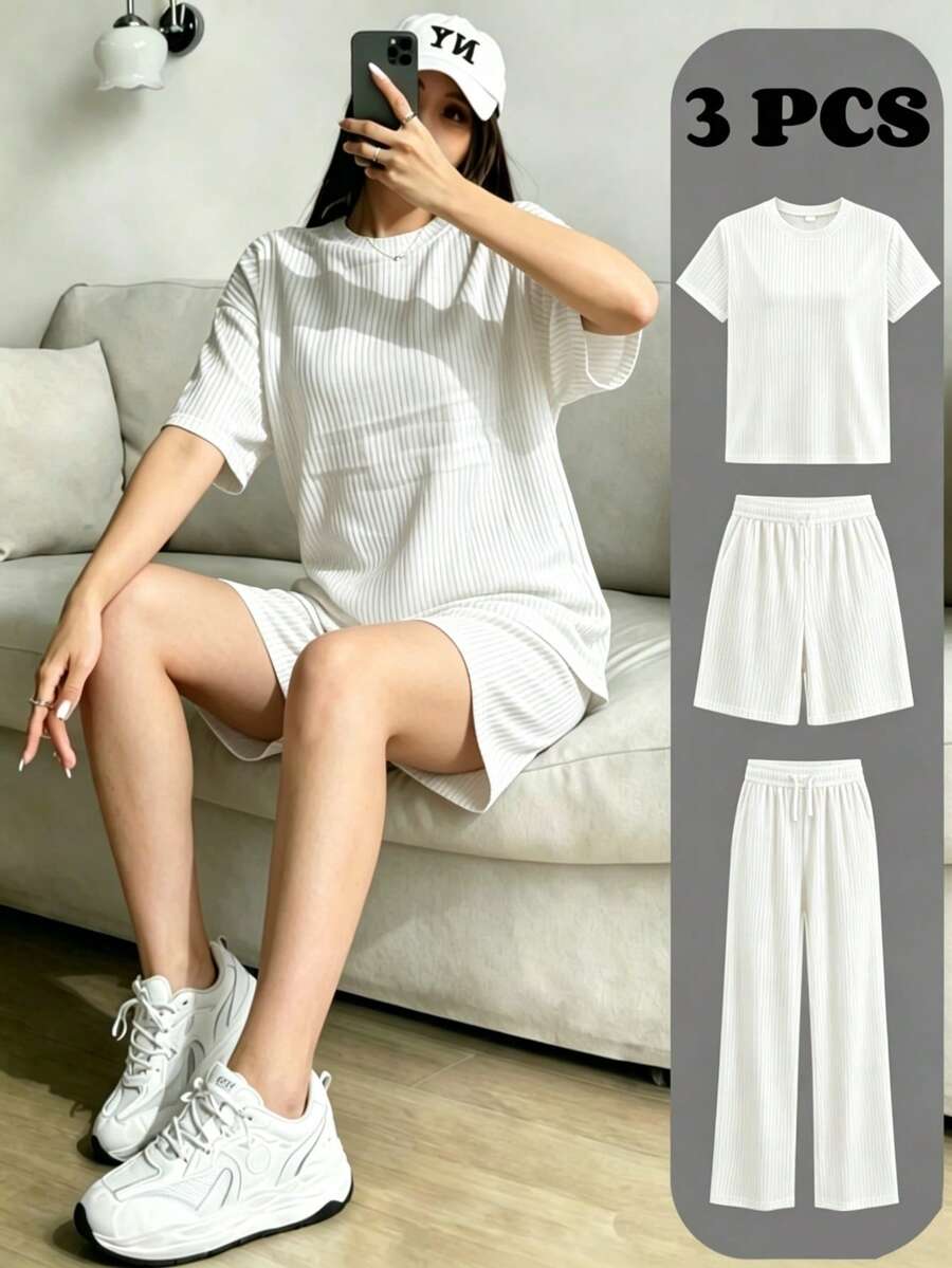 Women's Three-Piece Set: Short-Sleeved Top With Ribbed Round Neck And Adjustable Drawstring, Long Pants And Shorts. - Moon White - View 1