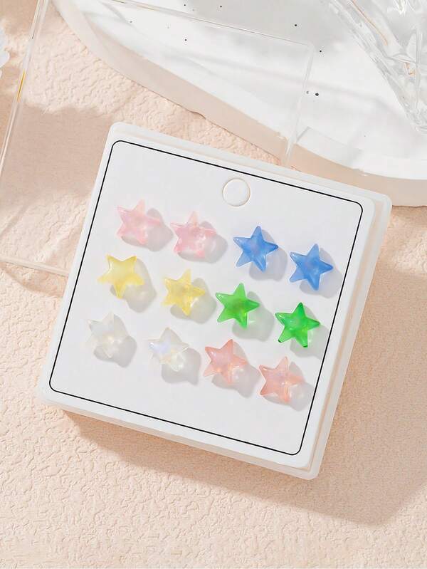 6 Pairs Cute Star Design Earrings Set, Suitable For Outdoor, Vacation, Casual Wear