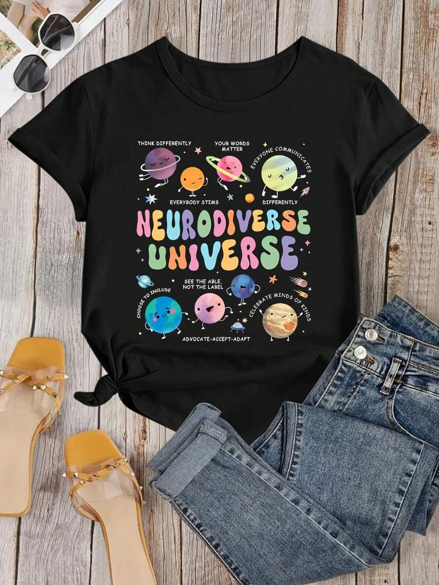 Camiseta con estampado del Universo Neurodiverso, Divertidos Planetas Cósmicos, Camiseta Profesores, un Regalo Maestros - Negro - Ver 1