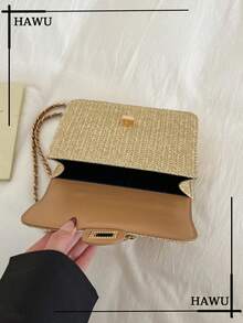 Bolso de hombro de paja con diseño de perlas, bolso cuadrado pequeño para vacaciones en la playa - Caqui - Ver 6