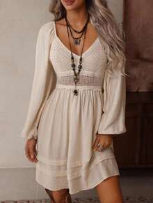 LilyWest Women's Apricot Bohemian Mini Dress With V-Neck, Hollow Out Crochet Patches, Long Sleeves, Elastic Waist And Loose Hem, Autumn/Winter - 橄欖綠 - 查看 11