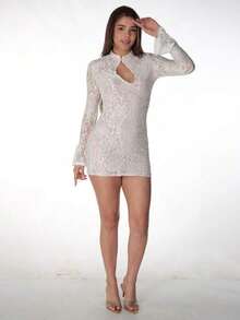 Spring Party Dress: Fitted Mini, Flared Sleeves And Hollow Lace Details – Elegant Look - 白色的 - 查看 9
