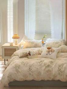 Bộ ga trải giường 3 món bằng polyester chải mịn in họa tiết, thích hợp cho phòng ngủ. - Màu xanh Bạc hà - Xem 6