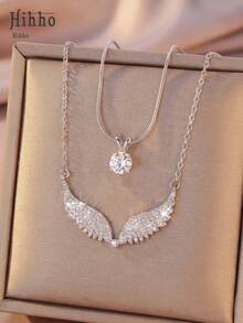 Hihho 2pcs/Set Full Zirconia Angel Wing Double Layer Necklace Set, Zirconia Clavicle Chain, Elegant Jewelry For Birthdays And Anniversary Gifts - Clavicle Chain - View 12