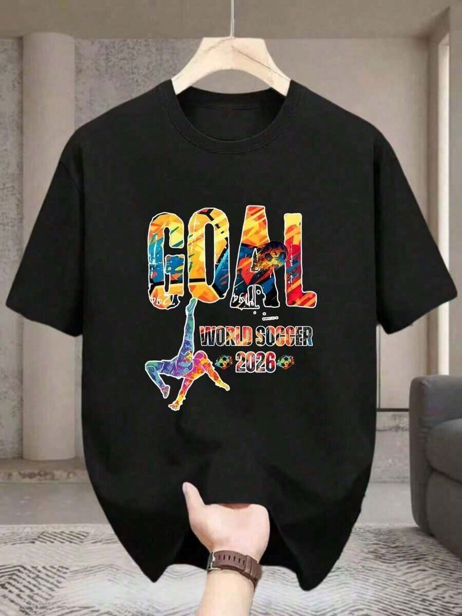 Camiseta Unisex con Temática de Fútbol para la Copa Mundial 2026, Ropa para Fanáticos, 180g, 100% Algodón, Camiseta, Tops de Primavera, Tops de Verano, Copa Mundial - Negro - Ver 1