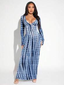 xheSHEIN  Vestido De Manga Larga Con Cuello En V Profundo Teñido Anudado Y Parte Inferior Ajustadaxhe - Azul marino - Ver 7