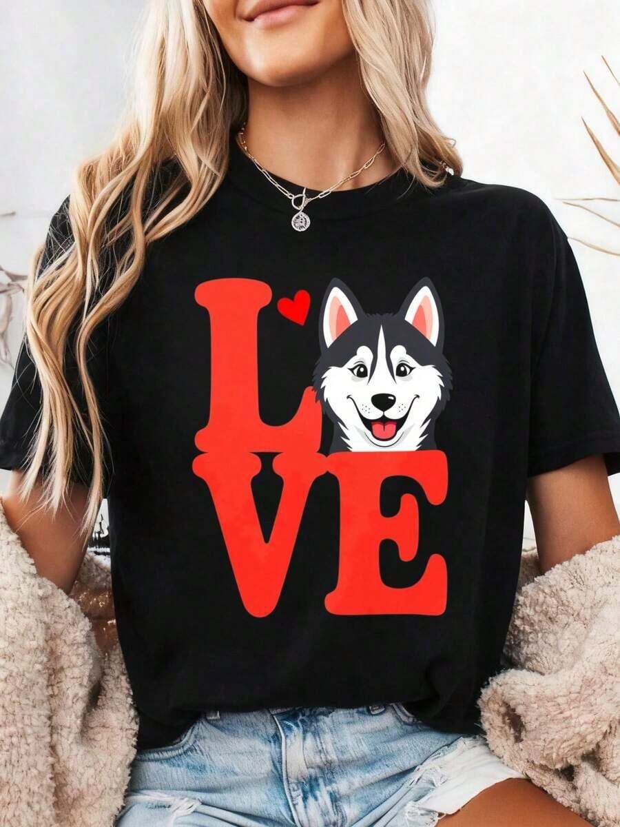 I Love Huskies, Husky Dog T-Shirt, Gift For Husky Lovers, Dog Lover T-Shirt, Siberian Husky T-Shirt, Cute Husky T-Shirt, Dog Owner T-Shirt, 100% Cotton - 黑色4 - 查看 1