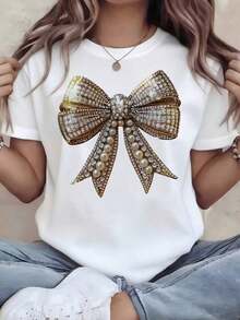 Elegant Summer T-Shirt For Women, White, With Luxury Gold Bow Print With Pearls And Diamonds, Casual Short Sleeve T-Shirt, Flirty And Elegant Style, Modern Soft And Breathable Top With Jewelry Graphic, Fashionable French Youth Blouse For Summer And Party - 白色 - 查看 1
