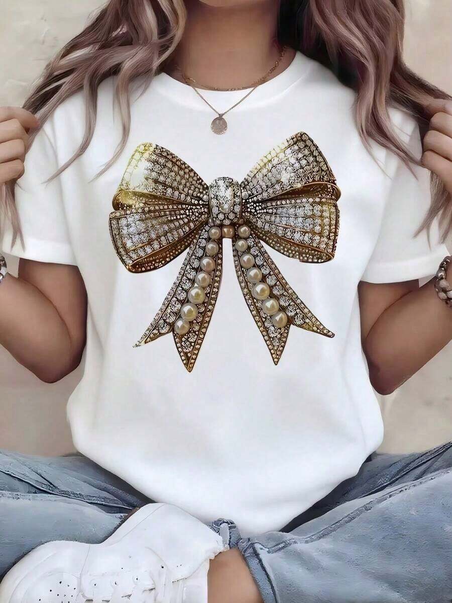 Elegant Summer T-Shirt For Women, White, With Luxury Gold Bow Print With Pearls And Diamonds, Casual Short Sleeve T-Shirt, Flirty And Elegant Style, Modern Soft And Breathable Top With Jewelry Graphic, Fashionable French Youth Blouse For Summer And Party - 白色 - 查看 1