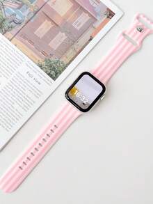 1條時尚彩色條紋印花矽膠錶帶，適用於Apple Watch 38mm 40mm 41mm 42mm 44mm 45mm 49mm (S10 42)mm (S10 46)mm (S11 42)mm (S11 46)mm 女款，柔軟矽膠運動錶帶適用於 Series 11 Ultra 3 SE3 Ultra 2 S10 SE2 9 8 7 SE 6 5 4 3 2 1，適合搭配服裝、日常穿著、度假 - 玫粉 - 查看 3