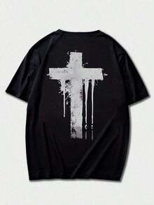 Zrgoth Men's Casual And Versatile Short Sleeve T-Shirt With Simple Cross Print - 黑色 - 查看 5