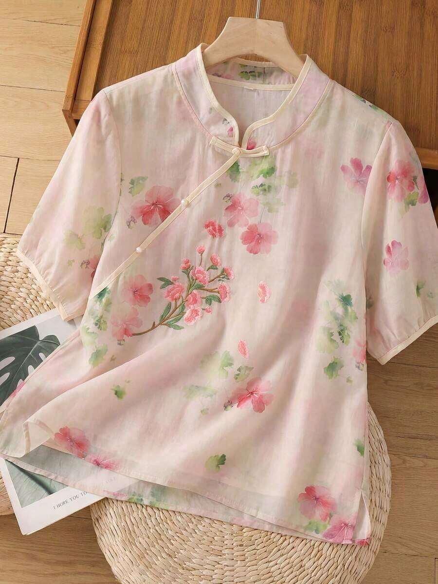 Regalo para mamá, blusa bordada con flores, camisa suelta y elegante de manga corta adecuada para salidas de primavera, vacaciones y reuniones familiares en verano - rosa albaricoque - Ver 1
