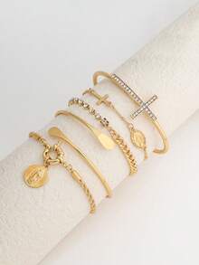 Set de 5 piezas de pulsera vintage con cruces de strass, accesorios de joyería multicapa con tono dorado para mujeres - Dorado - Ver 4
