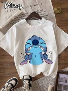 DISNEY Women's Lilo & Stitch Stitch Print T-Shirt - Stitch Themed Short Sleeve Round Neck Tee With Iconic Stitch & Lilo, Casual Attire Suitable For Spring Summer Fall Outfits, Machine Washable Non-Slip - White - View 1
