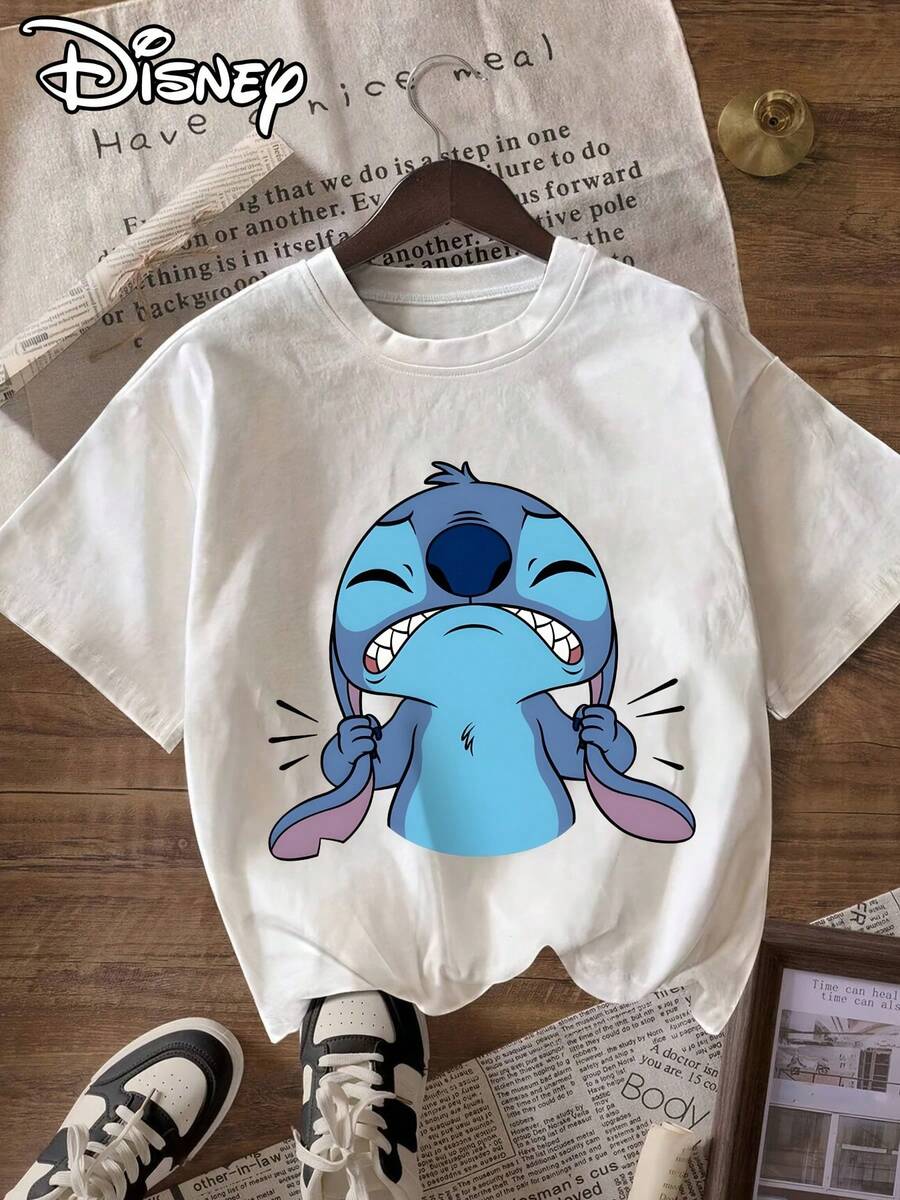 DISNEY Women's Lilo & Stitch Stitch Print T-Shirt - Stitch Themed Short Sleeve Round Neck Tee With Iconic Stitch & Lilo, Casual Attire Suitable For Spring Summer Fall Outfits, Machine Washable Non-Slip - White - View 1
