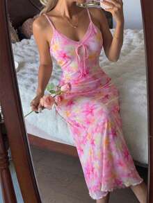 Vestido de tirantes de verano para mujer con estampado floral diminuto en tonos pastel, diseño de espalda abierta con encaje calado, adorno de cuello con lazo, camisón largo de jacquard para uso al aire libre - Rosa - View 5