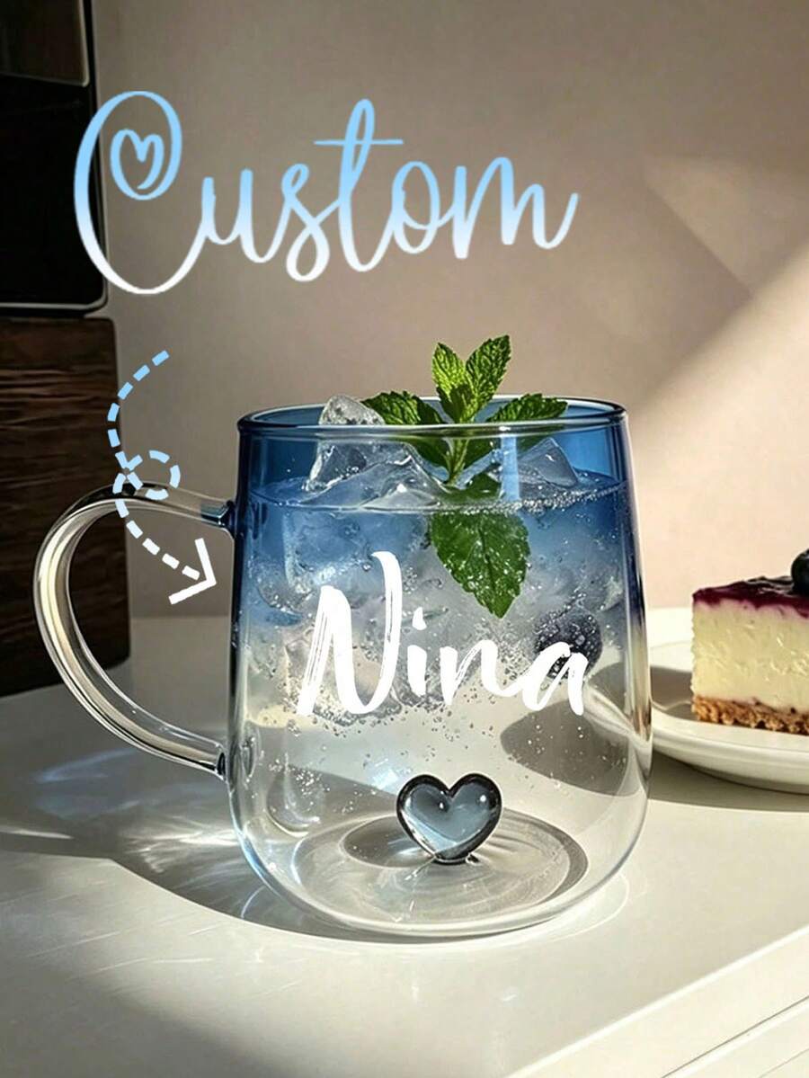 Customized Heart-Shaped High Borosilicate Glass Single-Layer Cup, Gradient Blue Color Insulated Heat-Resistant Glass Cup With Handle, Suitable For Milk, Juice, Water, Ideal For Valentine's Day, Wedding, Kitchen Essentials Gift - Multicolor - View 1